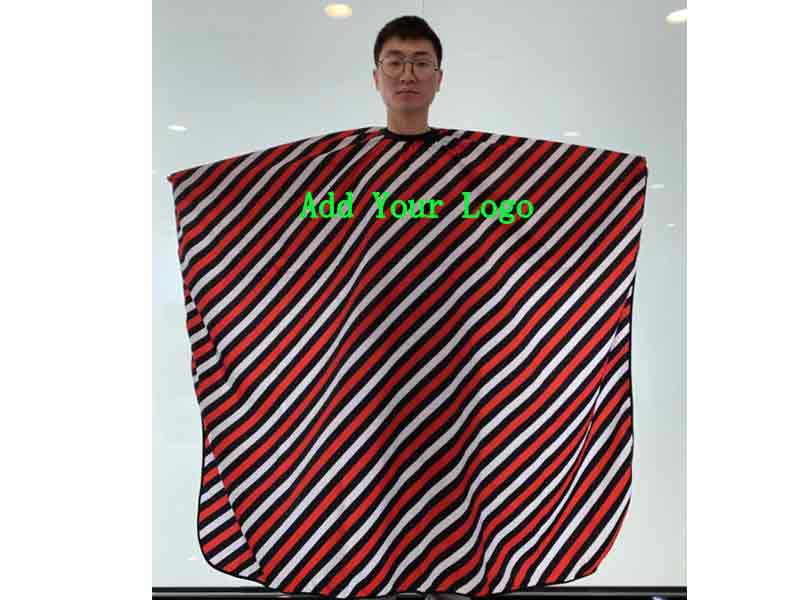 hair salon cape/barber cape/hair dressing cape with red blue/white black stripe accept add your logo